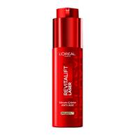 Photographie du flacon pompe rouge metallise du serum L'Oreal Paris Revitalift Laser [Melasyl], au design vertical et elegant sur fond blanc.​