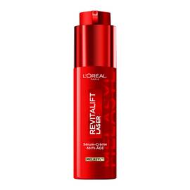Photographie du flacon pompe rouge metallise du serum L'Oreal Paris Revitalift Laser [Melasyl], au design vertical et elegant sur fond blanc.​