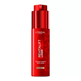 Photographie du flacon pompe rouge metallise du serum L'Oreal Paris Revitalift Laser [Melasyl], au design vertical et elegant sur fond blanc.​