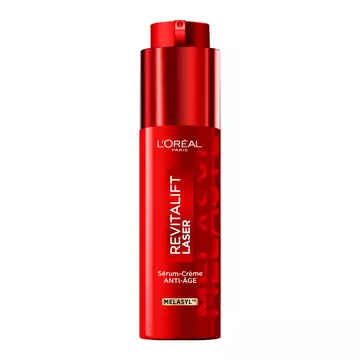 Photographie du flacon pompe rouge metallise du serum L'Oreal Paris Revitalift Laser [Melasyl], au design vertical et elegant sur fond blanc.​