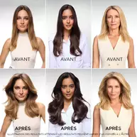 Visuel avant/apres de la gamme Elseve Collagen Lifter L'Oreal Paris sur differents types de cheveux, illustrant l'efficacite du volume et du decollement des racines.​  ​  ​ ​