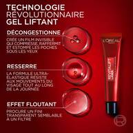 Presentation de la technologie gel liftant du Revitalift Laser, detaillant ses effets decongestionnant, resserrant et floutant pour un fini lisse et ferme sous les yeux.