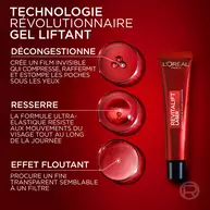 Presentation de la technologie gel liftant du Revitalift Laser, detaillant ses effets decongestionnant, resserrant et floutant pour un fini lisse et ferme sous les yeux.