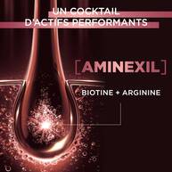 Visuel scientifique et textuel de la formule Elseve Full Resist Aminexil L'Oreal Paris sur fond sombre, mettant en avant un cocktail d'actifs performants compose d'Aminexil, de biotine et d'arginine pour agir au coeur du bulbe capillaire.​  ​  ​ ​  ​  ​ ​  ​  ​ ​