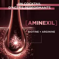 Visuel scientifique et textuel de la formule Elseve Full Resist Aminexil L'Oreal Paris sur fond sombre, mettant en avant un cocktail d'actifs performants compose d'Aminexil, de biotine et d'arginine pour agir au coeur du bulbe capillaire.​  ​  ​ ​  ​  ​ ​  ​  ​ ​