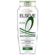 Bouteille de shampooing 2 en 1 Multi-Vitamine Vitalite Elseve L'Oreal Paris sur fond blanc, enrichie en multi-vitamines E et PP pour renforcer et nourrir les cheveux normaux.​