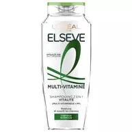 Bouteille de shampooing 2 en 1 Multi-Vitamine Vitalite Elseve L'Oreal Paris sur fond blanc, enrichie en multi-vitamines E et PP pour renforcer et nourrir les cheveux normaux.​