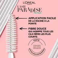 Visuel du Lash Paradise Primer montrant la brosse a poils doux, avec les mentions « Application facile de la racine a la pointe », « Fibre douce qui agrippe tous les cils meme les plus courts » et le label « Teste ophthalmologiquement, convient aux yeux sensibles​