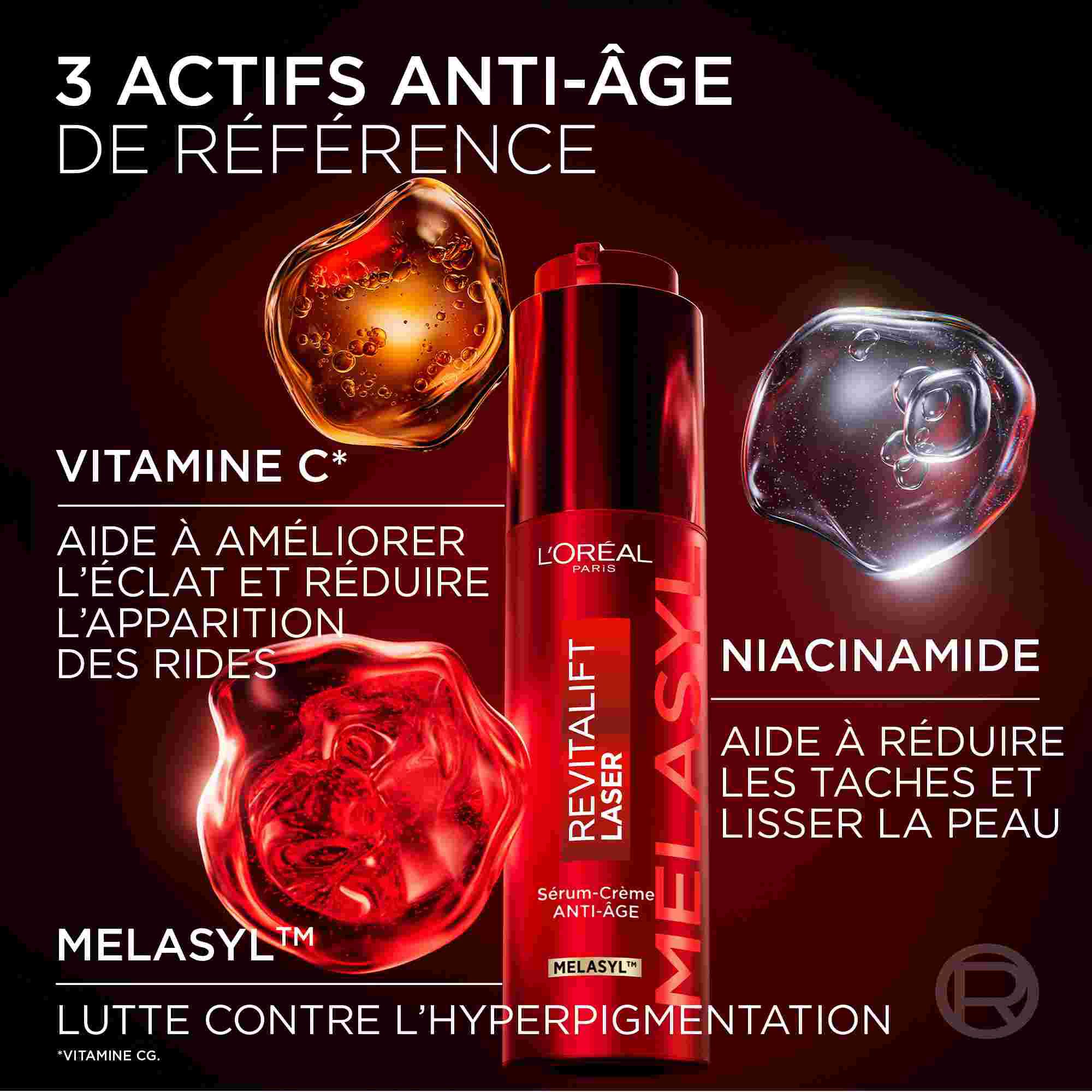 Infographie presentant trois spheres contenant les ingredients cles : la Vitamine C pour l'eclat, la Niacinamide pour lisser la peau, et le Melasyl pour lutter contre l'hyperpigmentation.​
