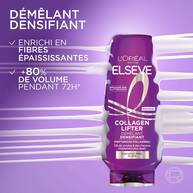 Visuel texture et benefices du demelant densifiant Elseve Collagen Lifter L'Oreal Paris sur fond violet, enrichi en fibres epaississantes pour +80% de volume pendant 72h.​