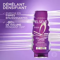 Visuel texture et benefices du demelant densifiant Elseve Collagen Lifter L'Oreal Paris sur fond violet, enrichi en fibres epaississantes pour +80% de volume pendant 72h.​