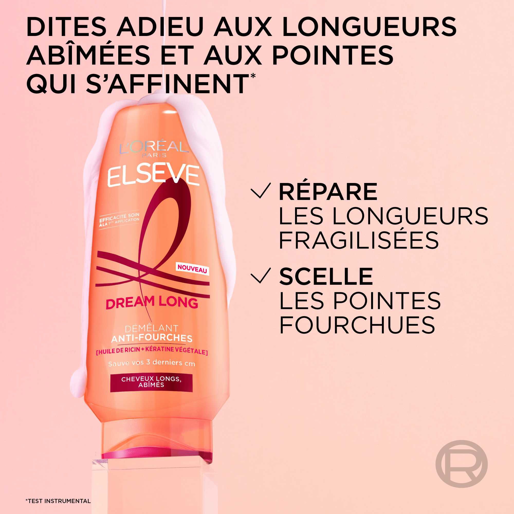 Elseve Dream Long Apres-Shampooing Demelant Anti-Fourches enrichi en Keratine Vegetale et Huile de Ricin
