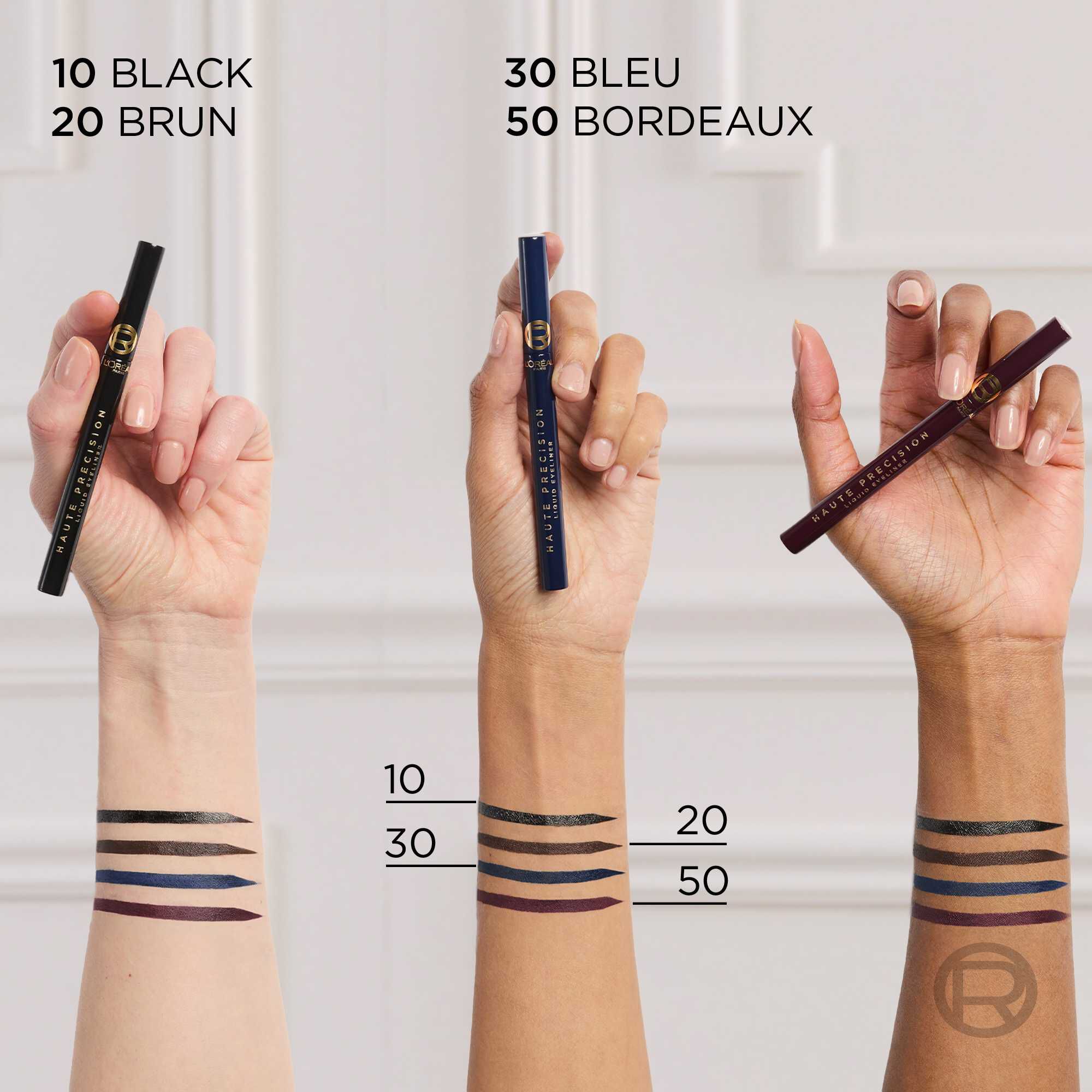 Swatches (traces) sur peau des quatre teintes de l'eyeliner liquide Haute Precision : 10 Black, 20 Brun, 30 Bleu, 50 Bordeaux​