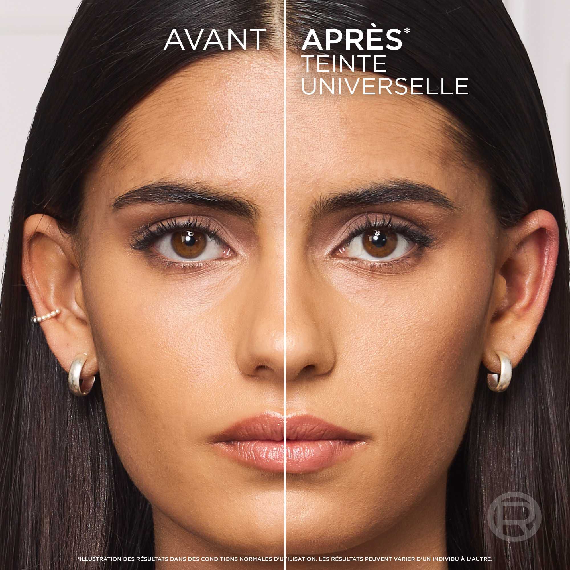  Portrait comparatif "Avant/Apres" sur un mannequin a la peau mate, demontrant l'efficacite de la teinte universelle pour lisser le grain de peau et apporter de la lumiere.​