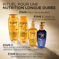 Visuel du rituel de nutrition longue duree Elseve Huile Extraordinaire L'Oreal Paris, presentant les 4 etapes : le shampooing, le demelant, l'huile universelle et le serum Midnight pour nourrir, demeler, prolonger la nutrition et proteger.​