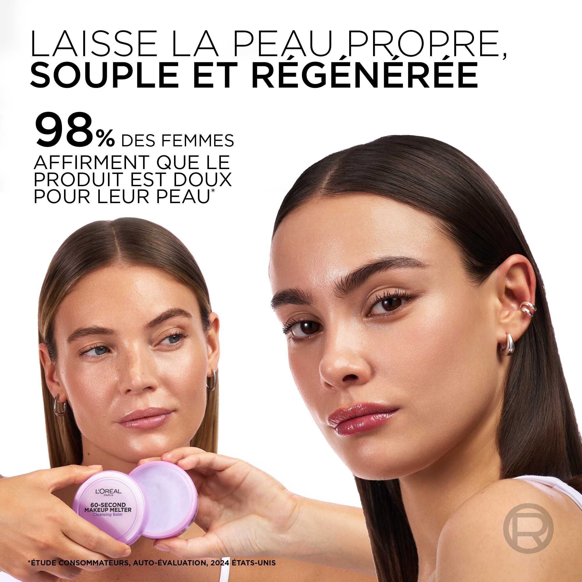 Deux mannequins aux visages sereins et a la peau nette posent cote a cote, l'une d'elles tenant le pot violet. Le texte en haut indique : « LAISSE LA PEAU PROPRE, SOUPLE ET REGENEREE. 98% DES FEMMES AFFIRMENT QUE LE PRODUIT EST DOUX POUR LEUR PEAU* ».