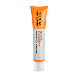 Tube de creme orange et blanche L'Oreal Men Expert Hydra Energetic, avec l'inscription 'HEALTHY LOOK ENERGIZING GEL' et 'L'OREAL MEN EXPERT' en noir.