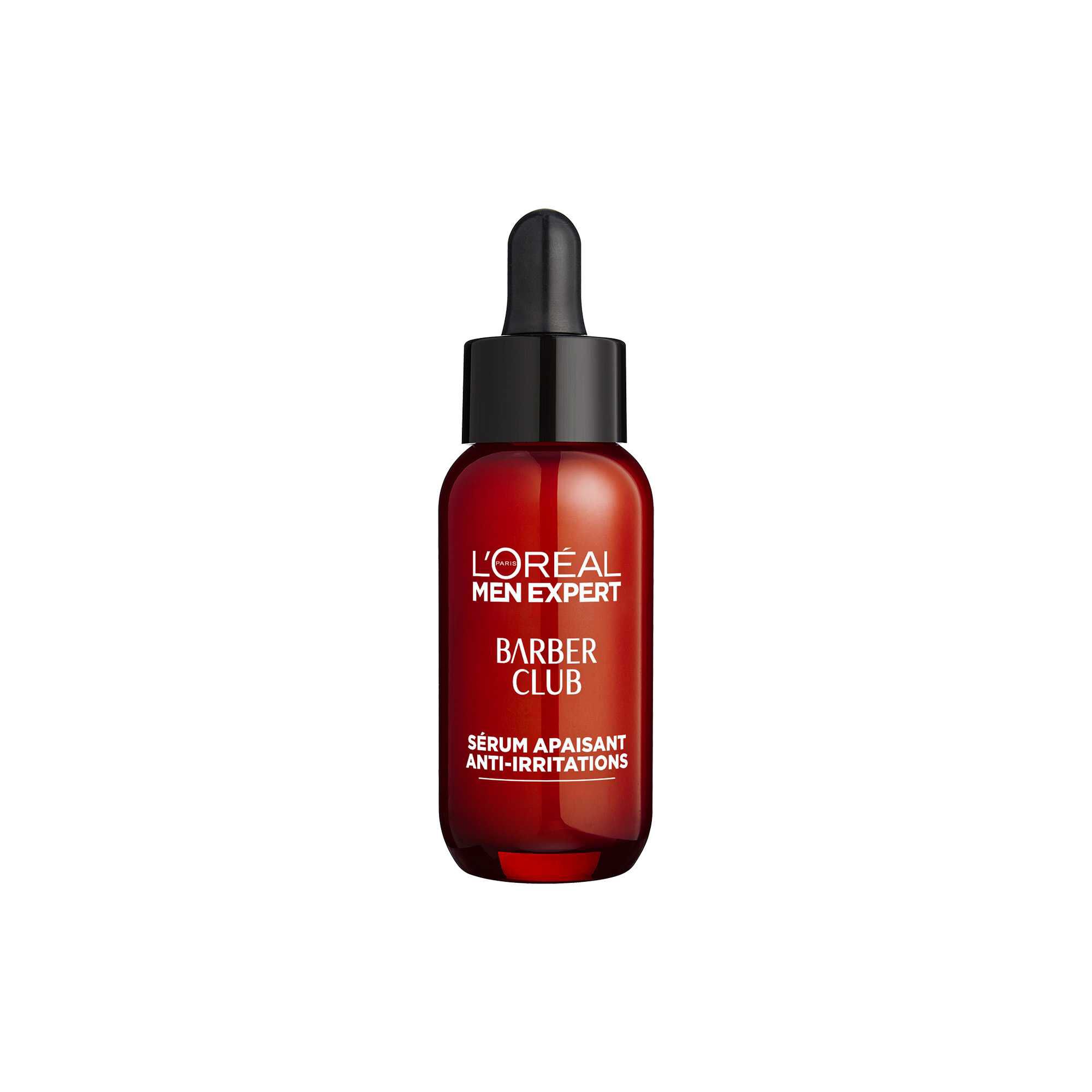 Flacon compte-gouttes en verre ambre du Serum Apaisant Anti-Irritations L'Oreal Men Expert Barber Club sur fond blanc.​
