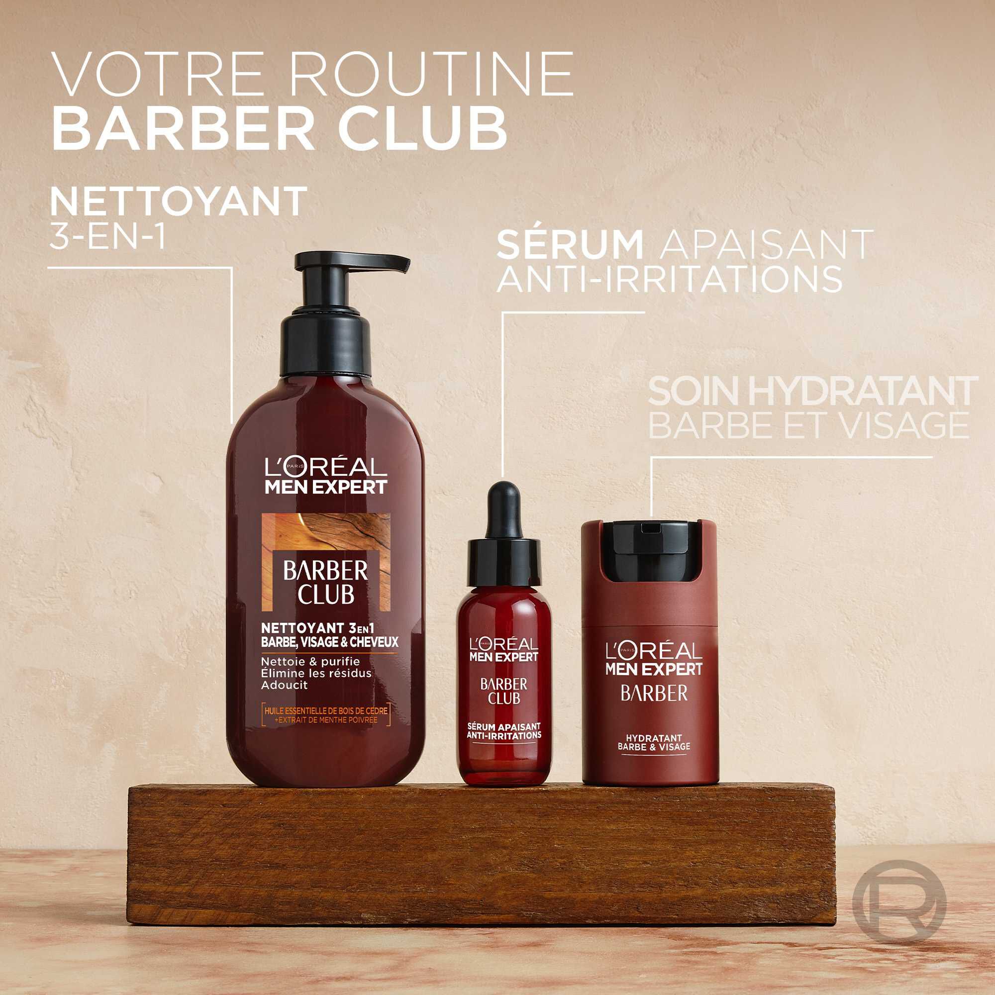 Presentation de la routine complete Barber Club comprenant le Nettoyant 3-en-1, le Serum Apaisant et le Soin Hydratant barbe et visage.​