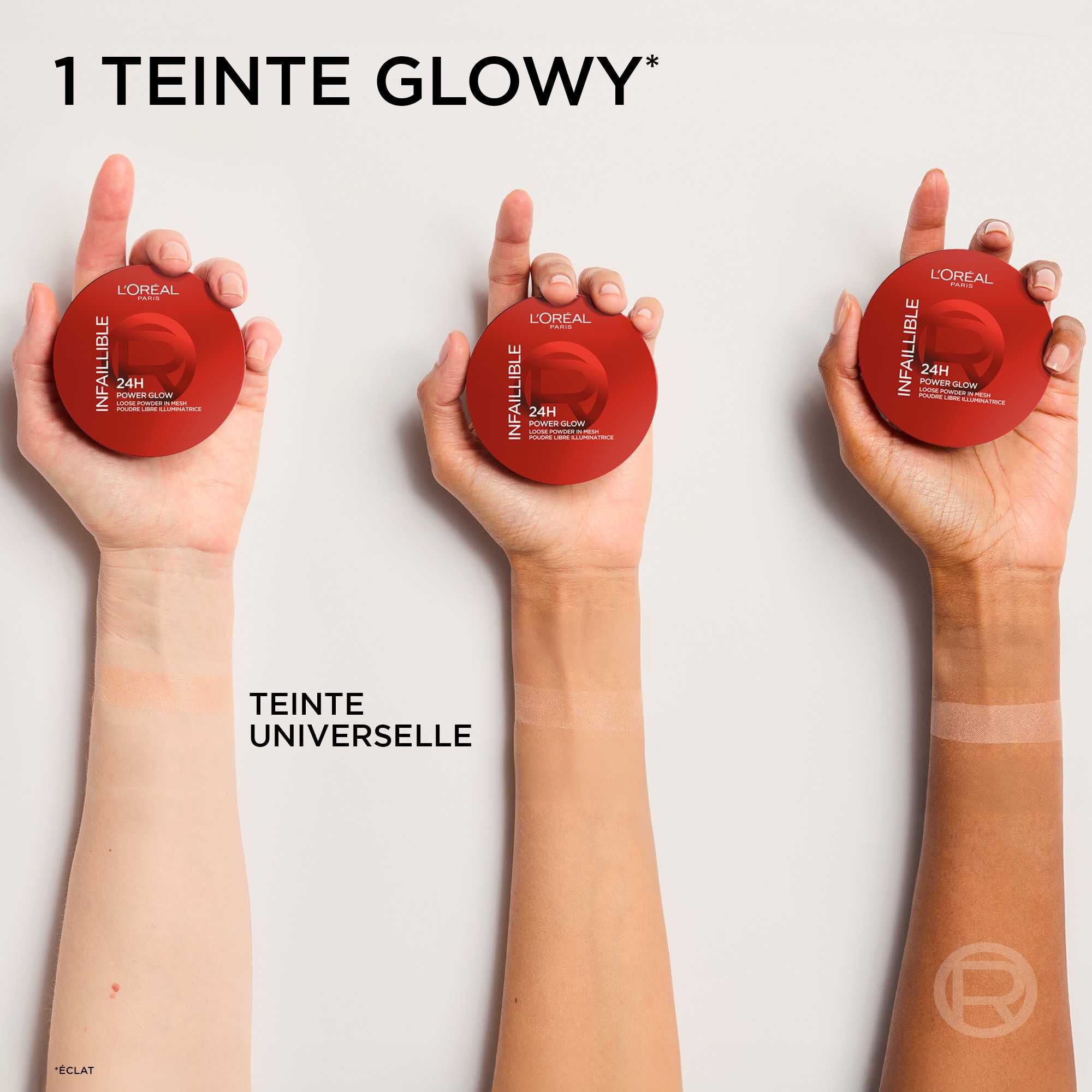 Trois bras de carnations differentes (claire, mate, foncee) montrant le rendu transparent et lumineux de la "Teinte Universelle" unique.​
