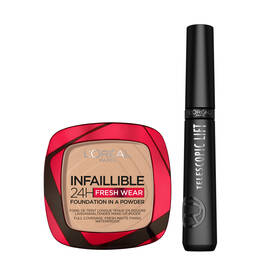 Duo Teint & Yeux – Fond de Teint Poudre Longue Tenue Infaillible Beige peau 130 + Mascara telescopic lift