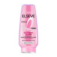 Bouteille de demelant booster de brillance Elseve Glycolic Gloss L'Oreal Paris sur fond blanc, formulee pour apporter brillance miroir et toucher soyeux aux cheveux ternes en manque d'eclat.​  ​  ​ ​  ​  ​ ​