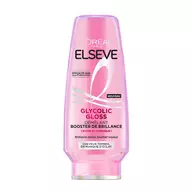 Bouteille de demelant booster de brillance Elseve Glycolic Gloss L'Oreal Paris sur fond blanc, formulee pour apporter brillance miroir et toucher soyeux aux cheveux ternes en manque d'eclat.​  ​  ​ ​  ​  ​ ​