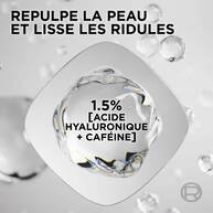 Alignement de cinq tubes de serum anti-cernes montrant la variete des teintes. Le texte enumere les benefices : ne file pas, neutralise les cernes, fini lumineux, lisse les ridules et repulpe.
