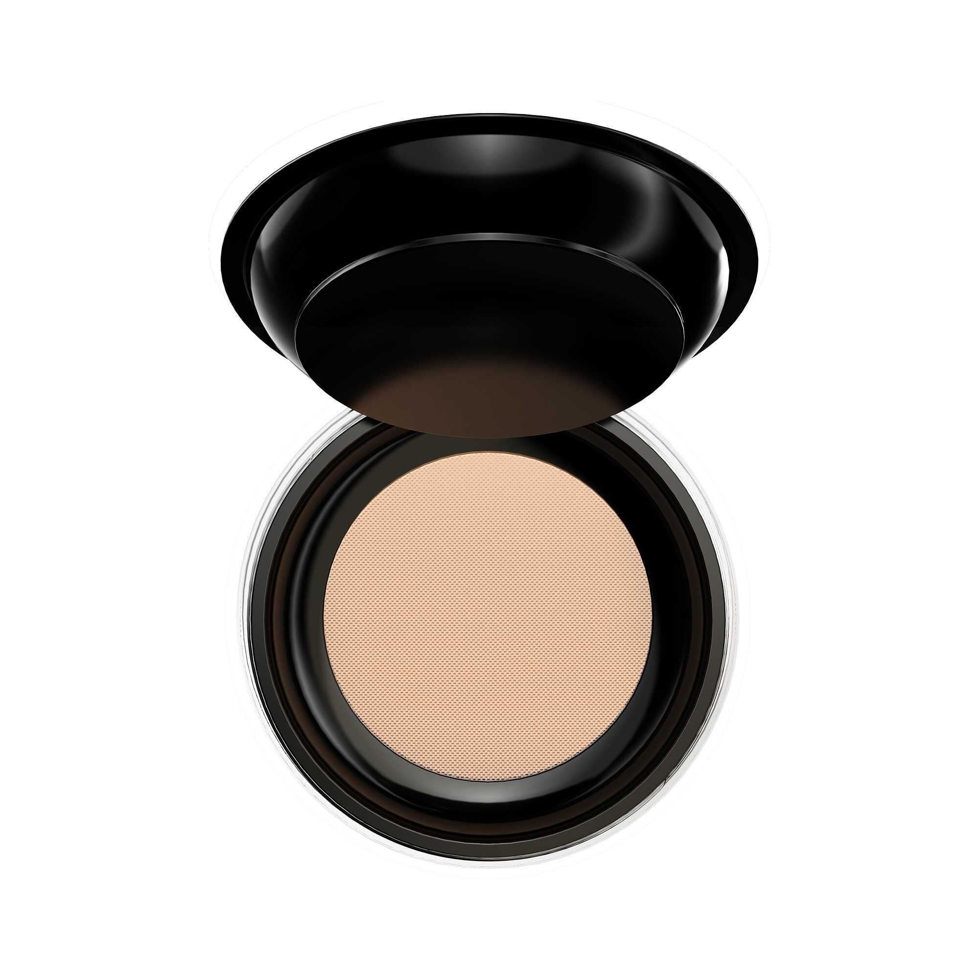 Vue rapprochee d'un poudrier compact ouvert presentant une texture de poudre pressee lisse de couleur beige naturel.​