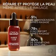 Visuel presentant les resultats cliniques du serum : -91% de demangeaisons, -78% d'inconfort et -80% de sensations de brulure apres le rasage.​
