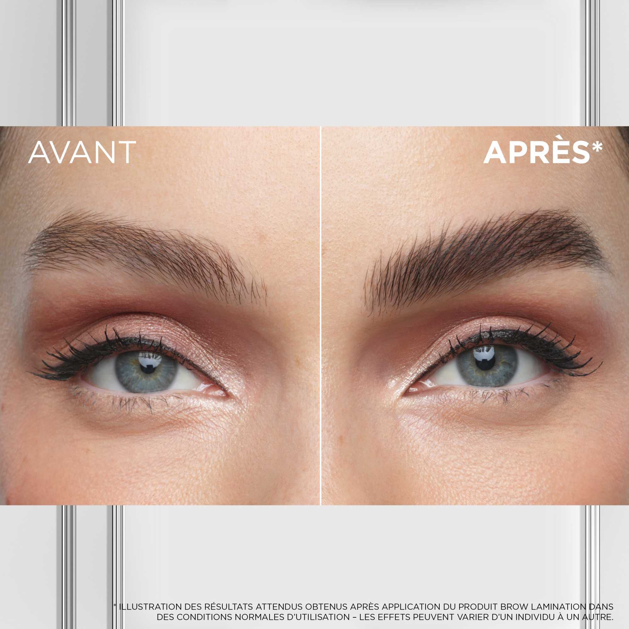 Gros plan comparatif centre sur le regard et les sourcils d'une femme. A gauche (« AVANT »), le sourcil naturel est moins defini et indiscipline. A droite (« APRES* »), le sourcil est visiblement rehausse, structure, plus dense et fixe vers le haut grace au produit.