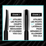 Illustration des deux faces de la brosse du mascara Telescopic Lift, avec des instructions : utiliser les picots courts a l’avant pour rehausser et courber les cils (etape 1), puis les picots longs lateraux pour separer et allonger les cils (etape 2).