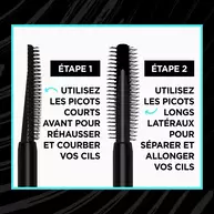Illustration des deux faces de la brosse du mascara Telescopic Lift, avec des instructions : utiliser les picots courts a l’avant pour rehausser et courber les cils (etape 1), puis les picots longs lateraux pour separer et allonger les cils (etape 2).