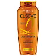 Bouteille de shampooing disciplinant Liss Intense Elseve L'Oreal Paris sur fond orange, enrichie en huile d'argan pour 72h anti-frizz des cheveux secs et difficiles a lisser.​