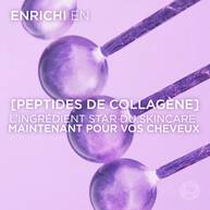 Visuel scientifique sur fond violet avec spheres/molecules : texte “Enrichi en peptides de collagene (ingredient star skincare) maintenant pour vos cheveux “