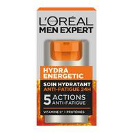 Boite d'emballage du L'Oreal Men Expert Hydra Energetic Soin Hydratant Anti-Fatigue 24H. La boite est majoritairement grise et orange, avec le logo L'Oreal Men Expert en haut. On peut lire "Hydra Energetic", "Soin Hydratant Anti-Fatigue 24H", "5 Actions Anti-Fatigue" et "Vitamine C* + Proteines". Une image du produit lui-meme est visible sur la boite.
