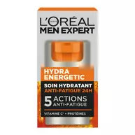 Boite d'emballage du L'Oreal Men Expert Hydra Energetic Soin Hydratant Anti-Fatigue 24H. La boite est majoritairement grise et orange, avec le logo L'Oreal Men Expert en haut. On peut lire "Hydra Energetic", "Soin Hydratant Anti-Fatigue 24H", "5 Actions Anti-Fatigue" et "Vitamine C* + Proteines". Une image du produit lui-meme est visible sur la boite.