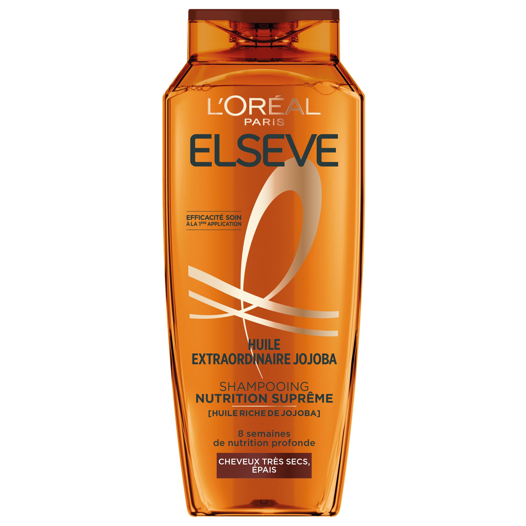 Bouteille de shampooing nutrition supreme Elseve Huile Extraordinaire Jojoba L'Oreal Paris sur fond blanc, enrichie en huile riche de jojoba pour 8 semaines de nutrition profonde des cheveux tres secs et epais.​