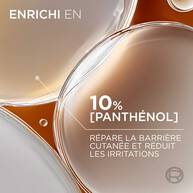Zoom scientifique sur l'ingredient phare : "Enrichi en 10% [Panthenol]" pour reparer la barriere cutanee et reduire les irritations, illustre par des bulles de soin dorees.​