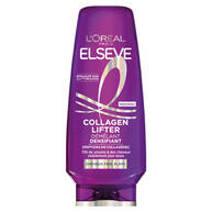 Bouteille de demelant densifiant Elseve Collagen Lifter L'Oreal Paris sur fond violet, enrichie en peptides de collagene pour 72h de volume et des cheveux visiblement plus epais, specialement concue pour les cheveux fins et plats.​