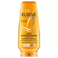 Bouteille de demelant nutrition profonde Elseve Huile Extraordinaire L'Oreal Paris sur fond blanc, formulee aux huiles rares de marula et camelia pour 8 semaines de nutrition et de brillance des cheveux secs.​