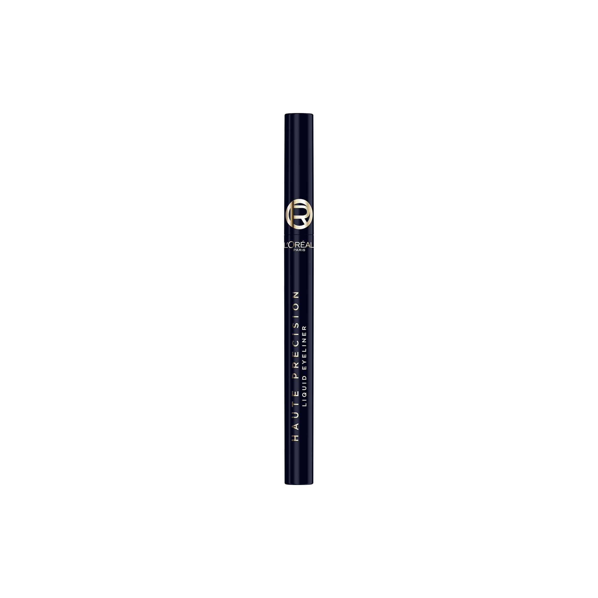 Eyeliner liquide Haute Precision L'Oreal Paris, tube bleu marine et dore pose verticalement sur fond blanc​  ​