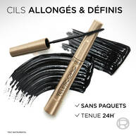 Mascara L'Oreal Paris Telescopic ouvert, pose sur un fond de traces de mascara noir, accompagne des promesses "Cils allonges & definis", "Sans paquets", et "Tenue 24H".