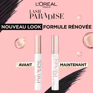 Visuel comparatif « Nouveau look, formule renovee » du Lash Paradise Primer, presentant l'ancien packaging a gauche (« Avant ») et le nouveau design a droite (« Maintenant »)​