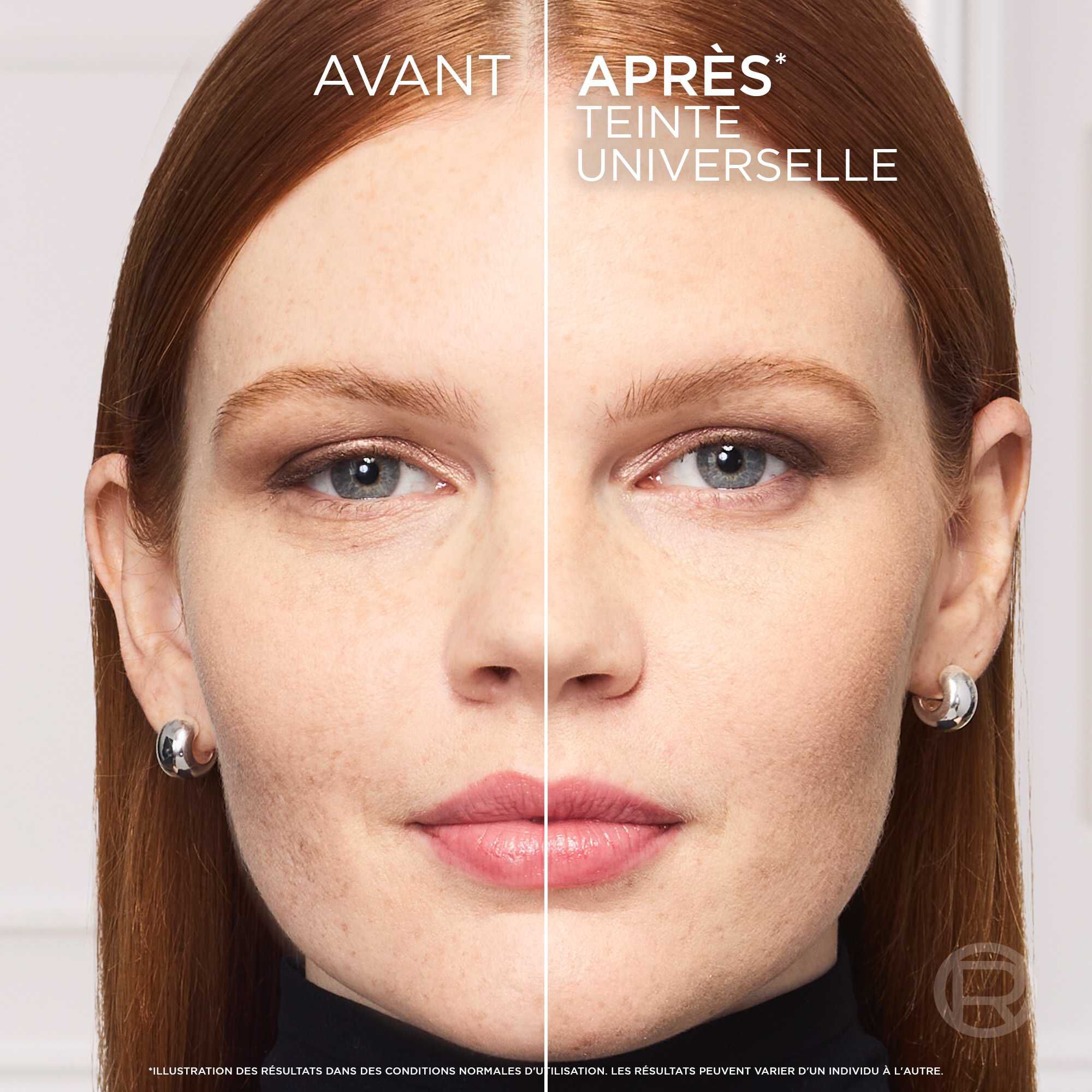 Portrait comparatif "Avant/Apres" d'une femme a la peau claire. Le cote "Apres" montre un teint unifie et eclatant grace a la teinte universelle de la poudre.​