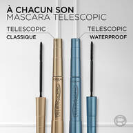 Deux mascaras L'Oreal Paris Telescopic, l’un classique dore et l’autre waterproof bleu, avec leurs brosses fines respectives, sur fond blanc.