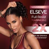 Visuel de la gamme Elseve Full Resist Aminexil L'Oreal Paris avec un modele, mettant en avant un resultat de 2x moins de cheveux sur la brosse.​  ​ ​  ​  ​ ​  ​ ​