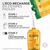  Illustration en trois etapes expliquant comment utiliser la recharge ecologique de shampoing L’Oreal Paris. Etape 1 : « Devissez le bouchon du flacon », illustree par un flacon et son bouchon. Etape 2 : « Remplissez votre flacon de shampoing », illustree par la recharge versant du shampoing dans un flacon. Etape 3 : « Jetez la recharge dans le bac de tri selectif », illustree par une recharge jetee dans une poubelle. Le titre « Eco-Recharge 3 etapes faciles » surplombe les illustrations. En bas a gauche, on peut lire la mention « *Ne pas remplir avec un autre produit que celui indique sur les etiquettes. » Un flacon de shampoing Huile Extraordinaire de L'Oreal Elseve est visible, portant la mention "Nouveau".