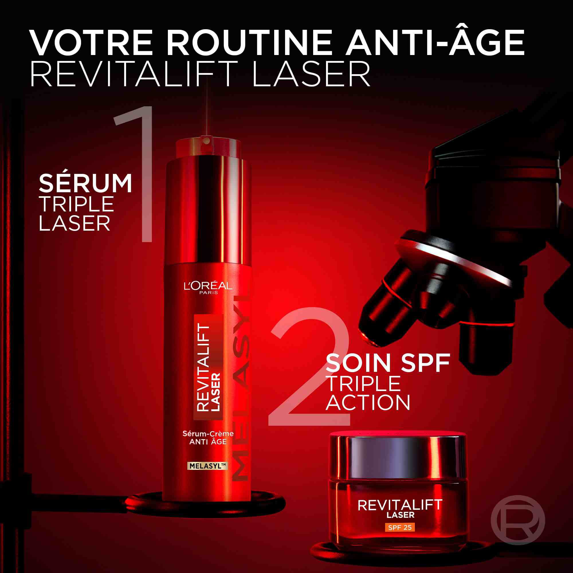 Presentation de la routine anti-age en deux etapes : l'etape 1 avec le Serum Triple Laser et l'etape 2 avec le Soin SPF Triple Action, pour une protection et une correction completes.​