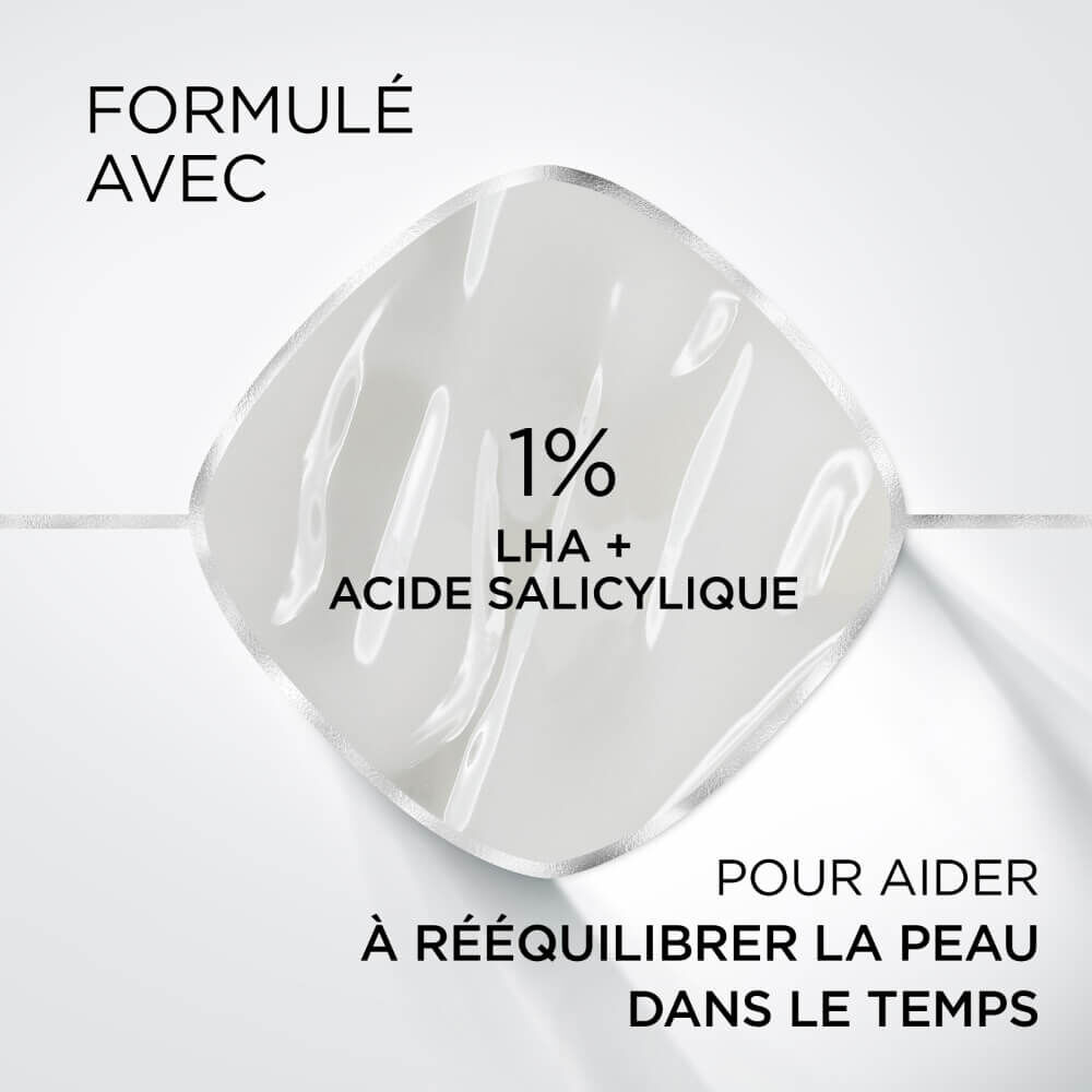 Gros plan sur la texture de la formule gel-creme indiquant « 1% LHA + Acide Salicylique » pour reequilibrer la peau.​